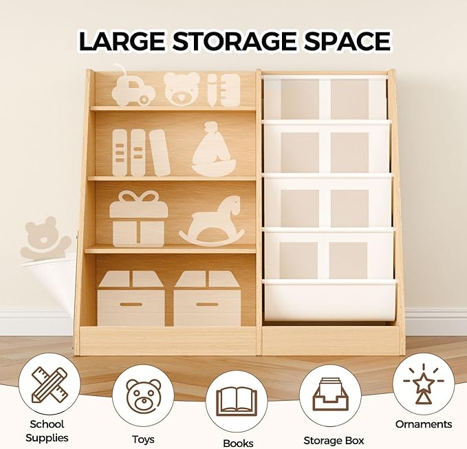 4-Tier Bookcase, Wooden Open Book Shelf with Anti-Slip Straps & Storage Bags