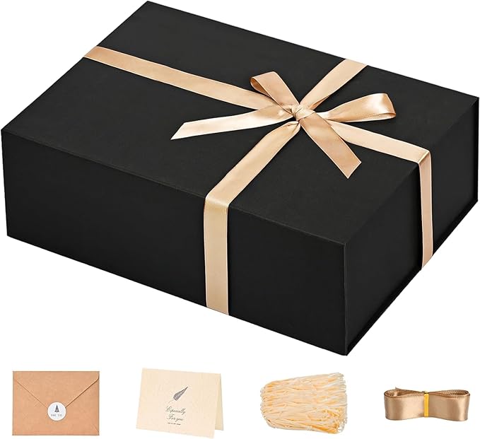 LIFELUM Gift Box 13.5''x10''x4'' Large Valentines Box with Magnetic Lids Black Gift Boxes for Groomsman Proposal Gifts Contains Card, Ribbon, Filler Birthday