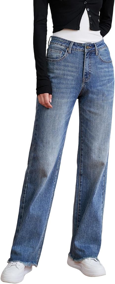 Womens High Waisted Jeans Stretchy Straight Leg Loose Fit Tummy Control Raw Hem Denim Pants Trendy 2025 Fashion