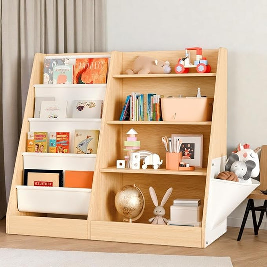 4-Tier Bookcase, Wooden Open Book Shelf with Anti-Slip Straps & Storage Bags