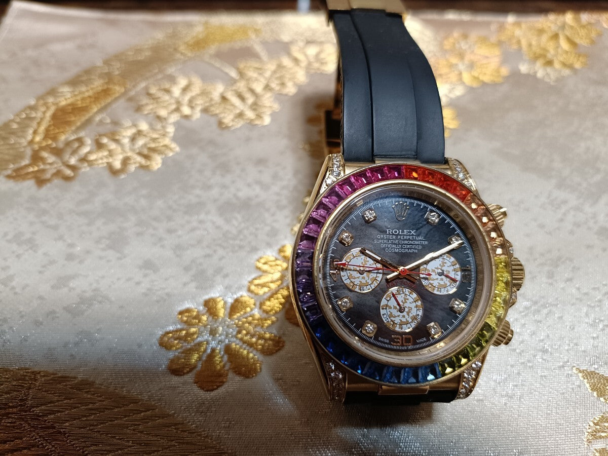 Rolex Cosmograph Oyster Daytona Rainbow Diamond Gold Watch, Certified Patek Vacheron, Hermes