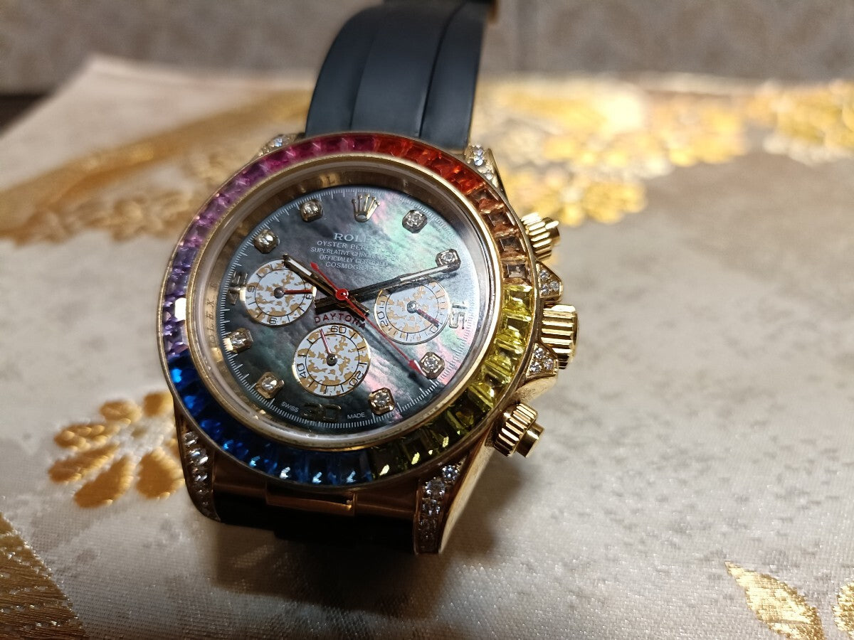 Rolex Cosmograph Oyster Daytona Rainbow Diamond Gold Watch, Certified Patek Vacheron, Hermes