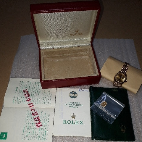 Rolex Datejust Ladies' 10-Piece Diamond 18K Yellow Gold Solid Gold 69178G Circa 1985 Warranty Card Links Outer Box Instruction Manual